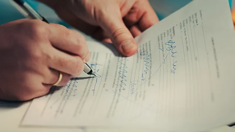 Close-up of hands signing a formal business document with a pen